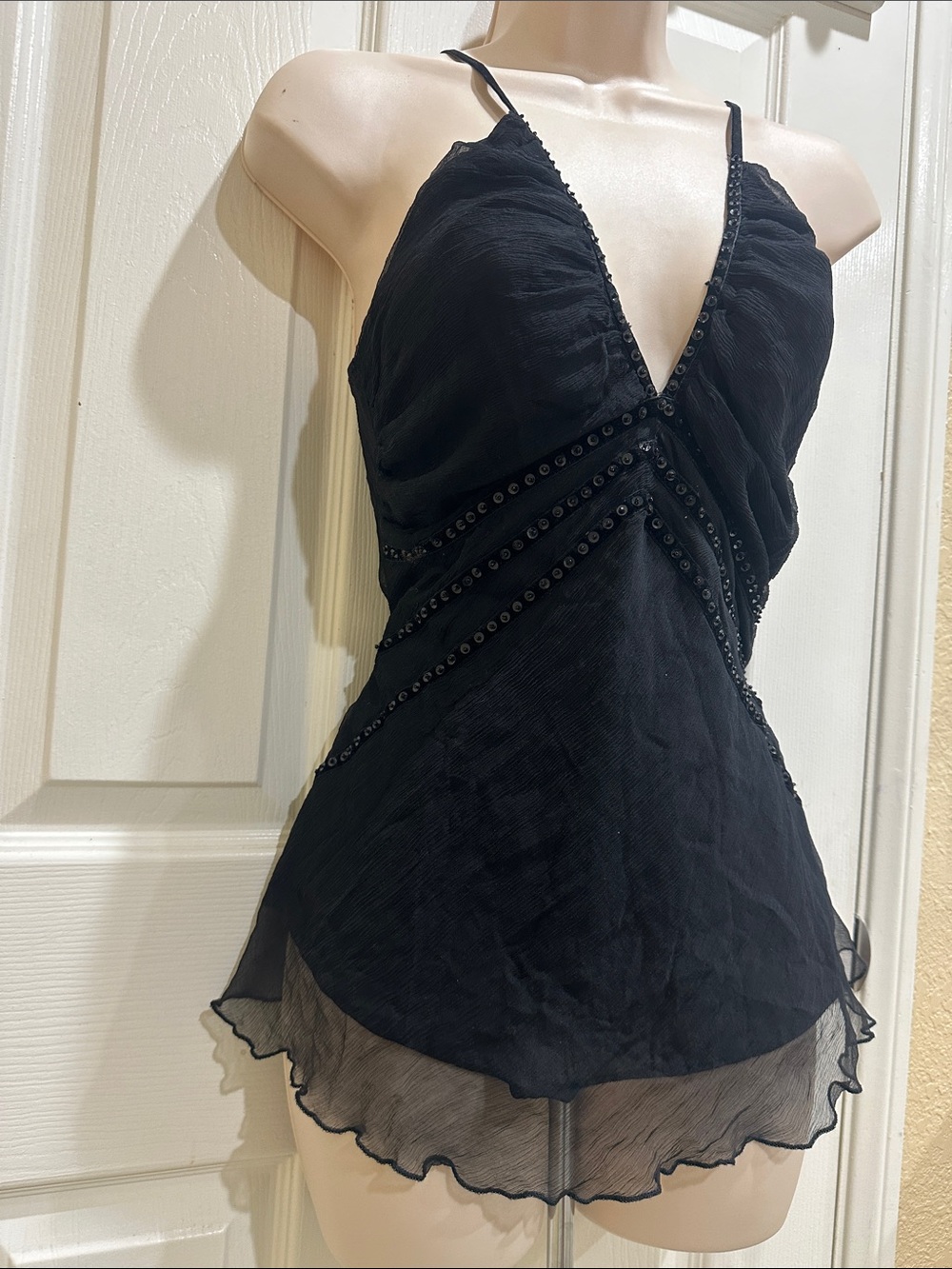Elegant Black Beaded V-Neck Spaghetti Strap Camisole 100% silk size small - Picture 5 of 6